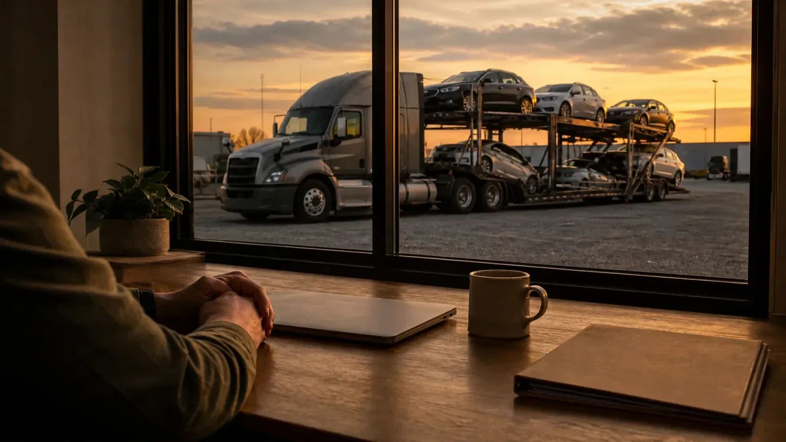 A dispatcher's desk with a closed laptop, a coffee mug and a folder, with a loaded car carrier parked outside the window at dusk.
