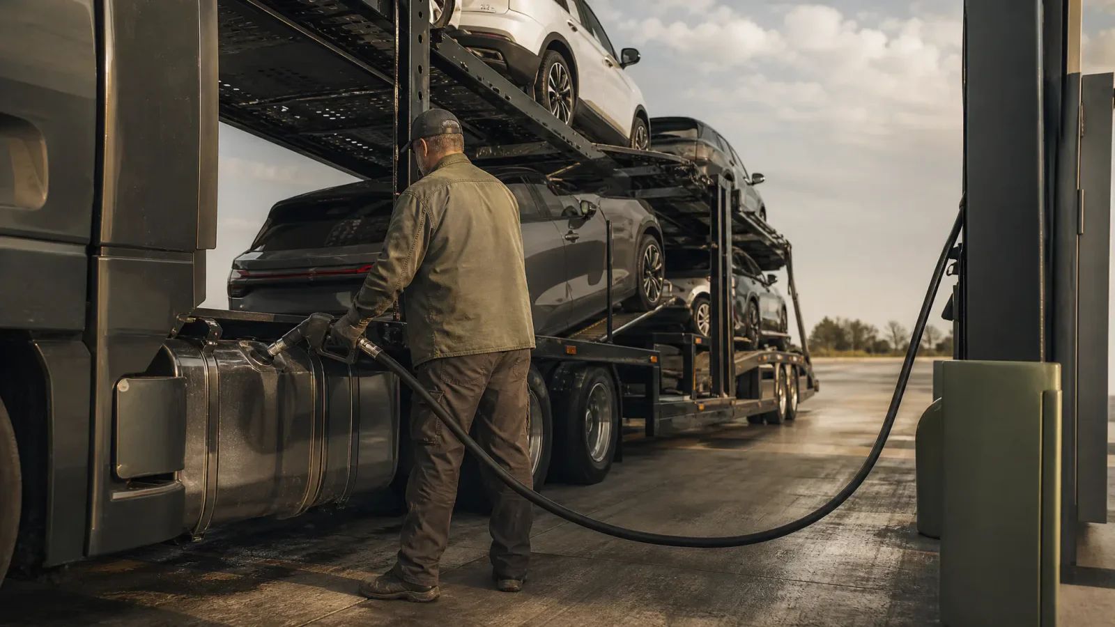 Car hauler driver filling the tank of a loaded car carrier at a fuel island