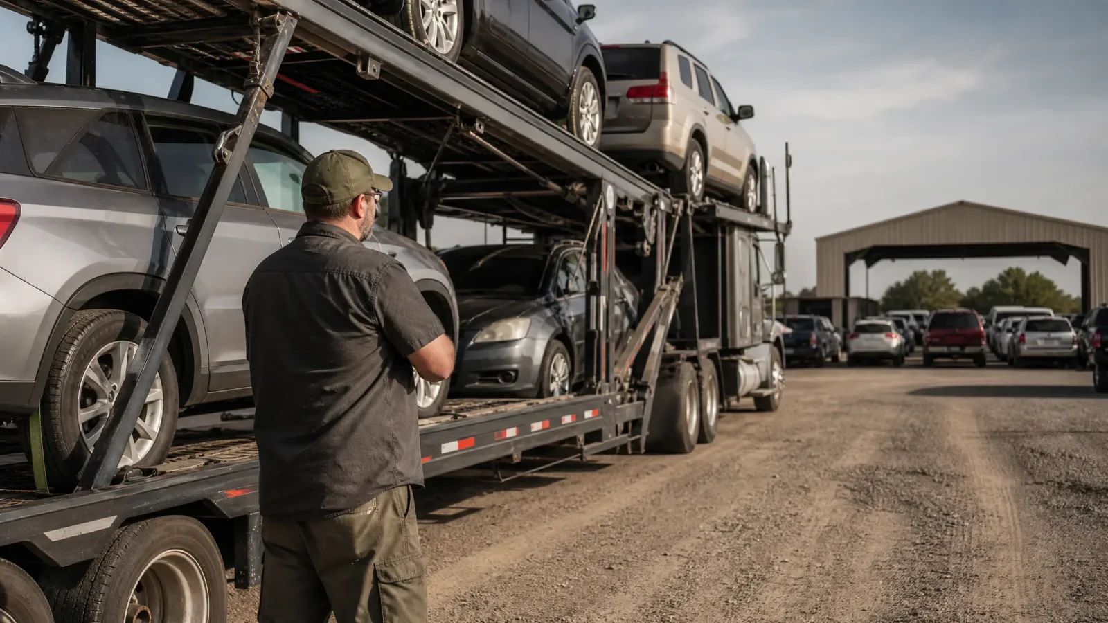 Car hauler driver standing beside a loaded car carrier in a gravel vehicle yard