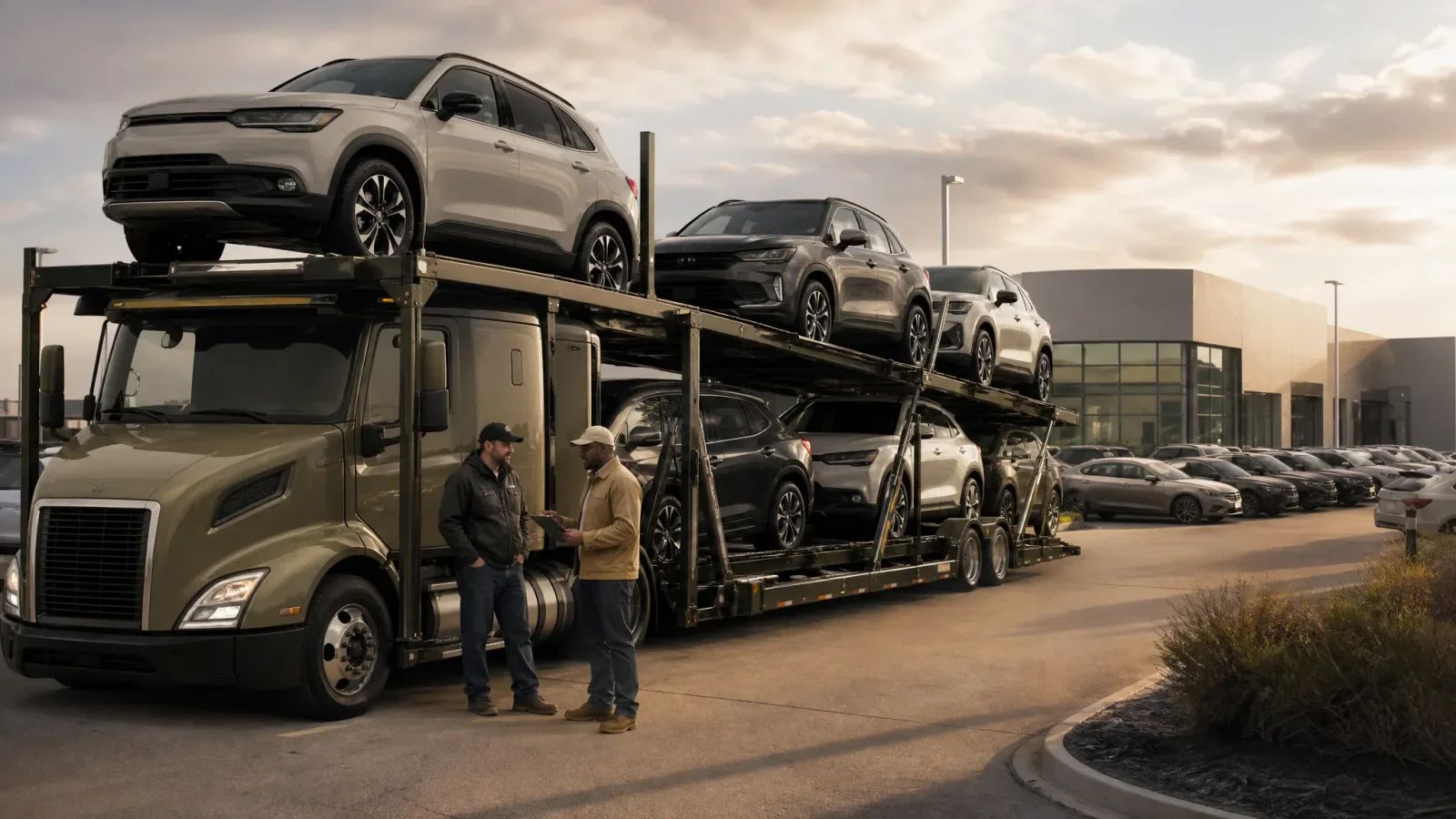 Two workers talking beside a loaded car hauler in a vehicle lot before departure