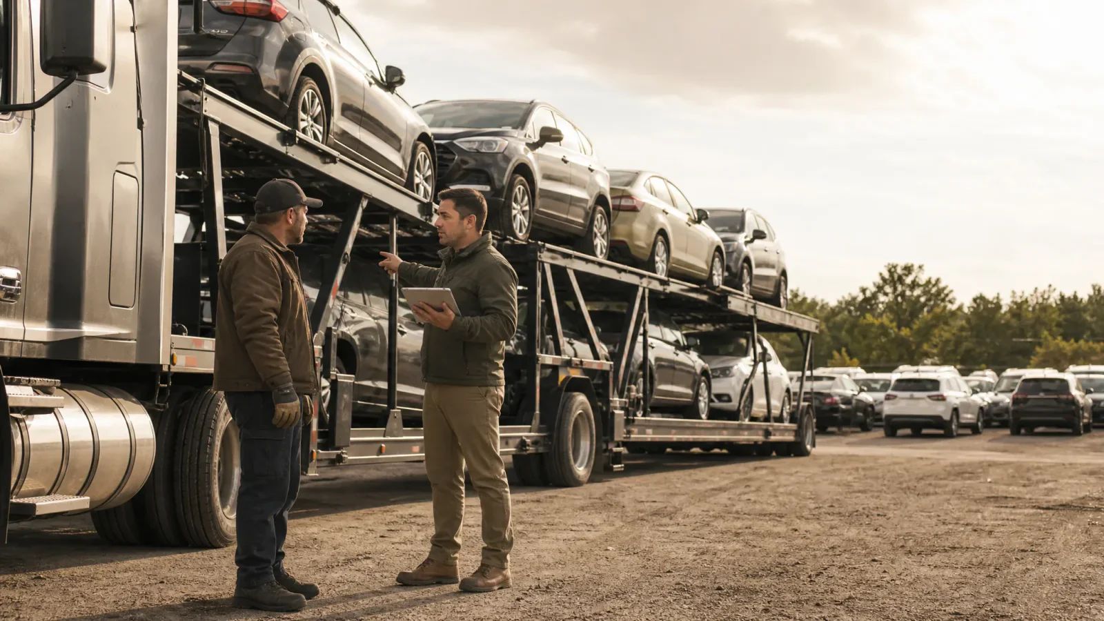 Two men discuss a loaded car carrier in a transport yard, with one holding a tablet.
