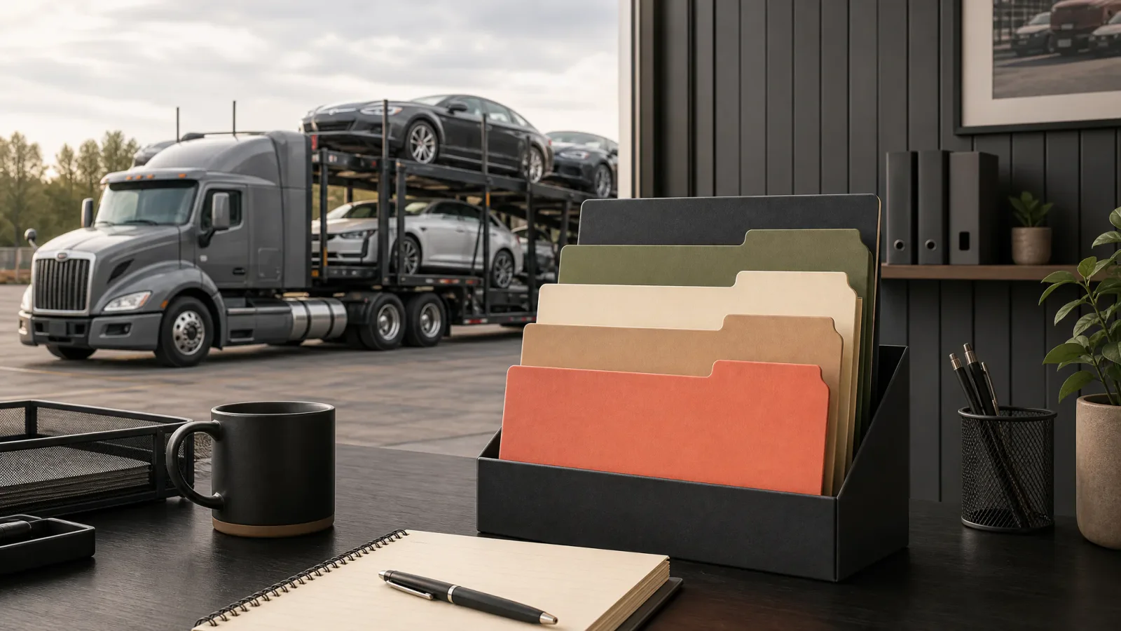 Planning calendar and organized compliance folders beside a small car-hauling truck and trailer