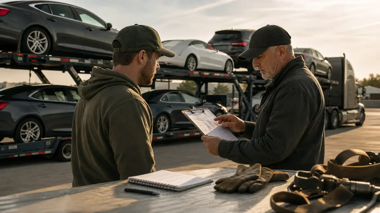 Two car hauler drivers review a clipboard beside a loaded auto transport trailer, with a notebook, gloves, and tie-down straps on the work surface.