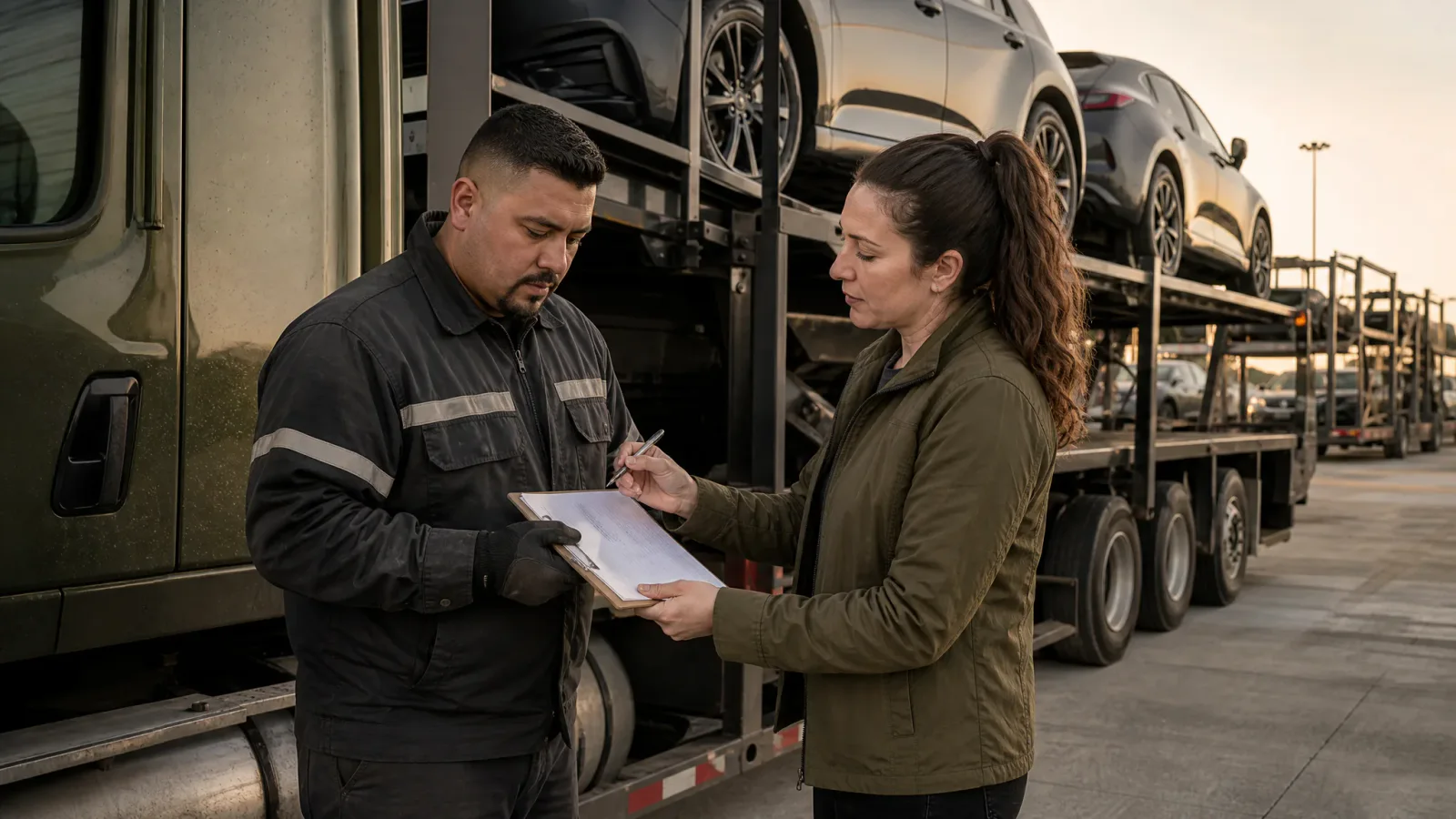 Car hauler driver reviewing a truck and trailer handoff checklist before dispatch release